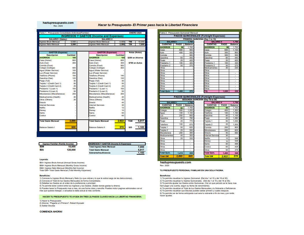 Vista previa de la plantilla Excel de presupuesto familiar e individual